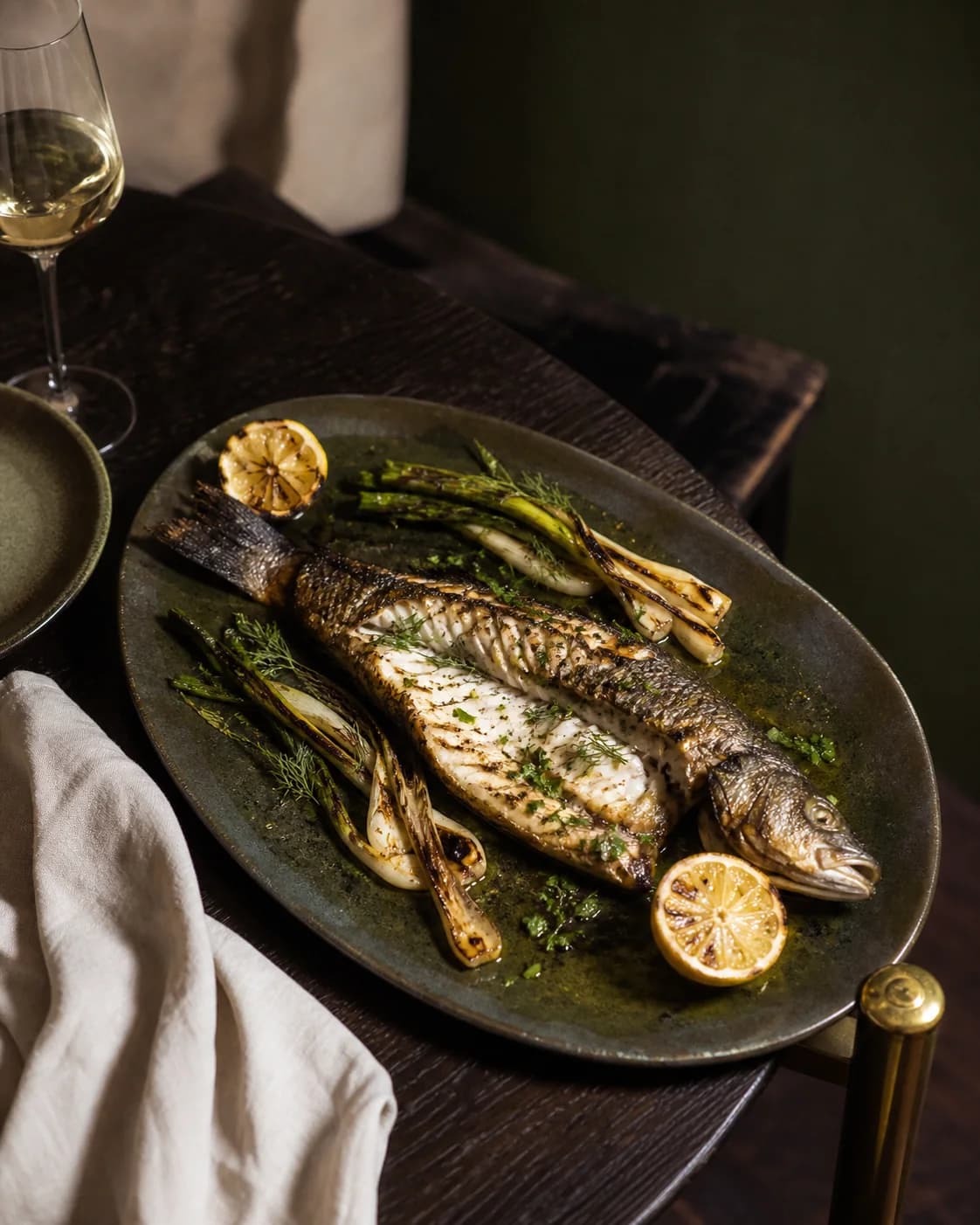 Charcoal grilled whole sea bass with lemon and herbs at Linden Table in Ealing