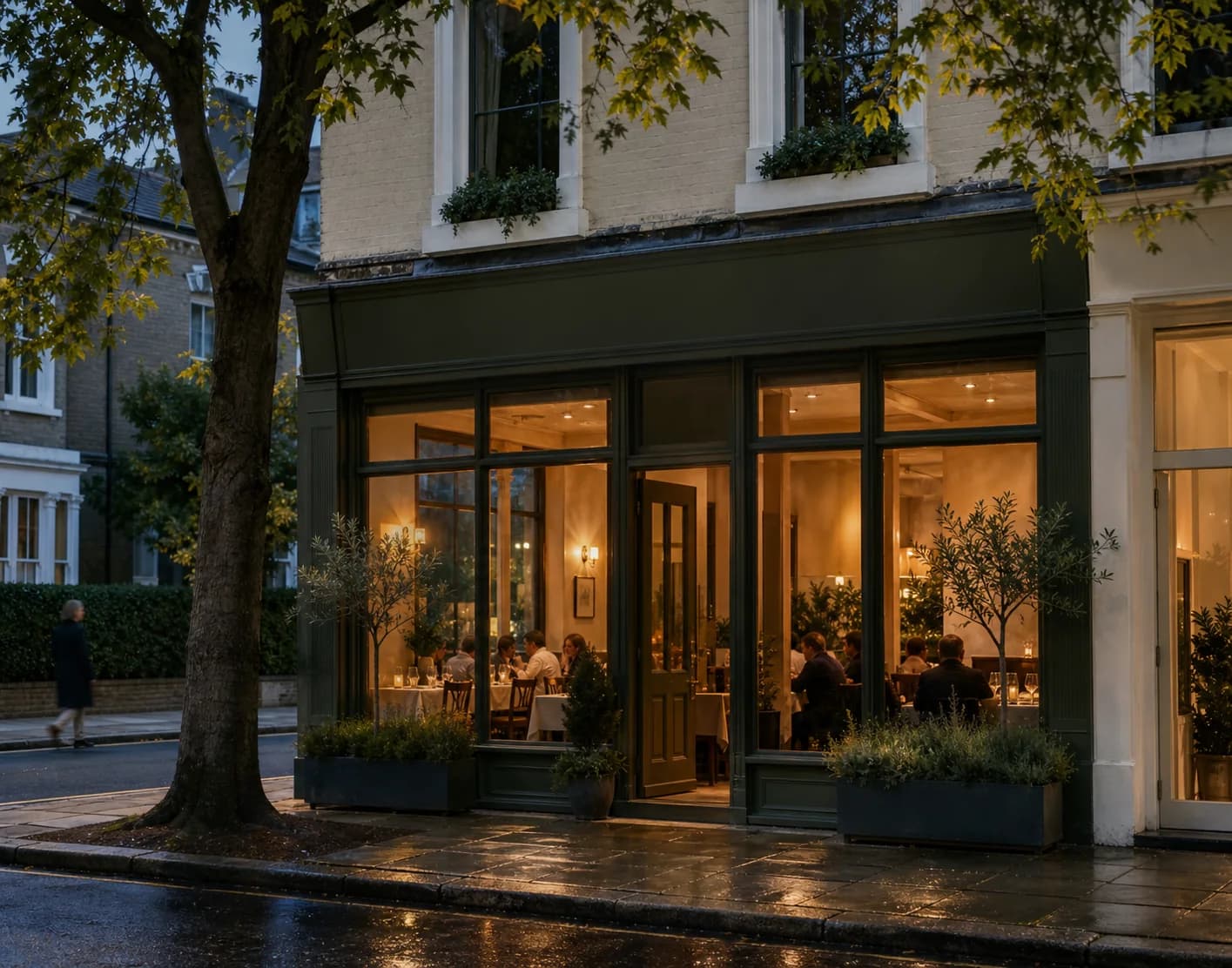 Linden Table restaurant entrance on a leafy Ealing street at dusk