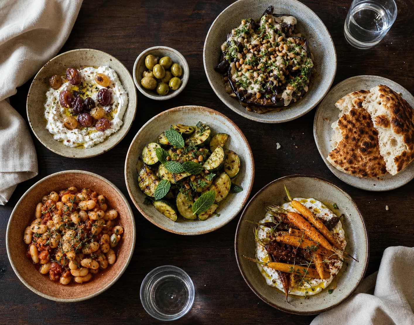 Mediterranean small plates served in handmade ceramics at Linden Table