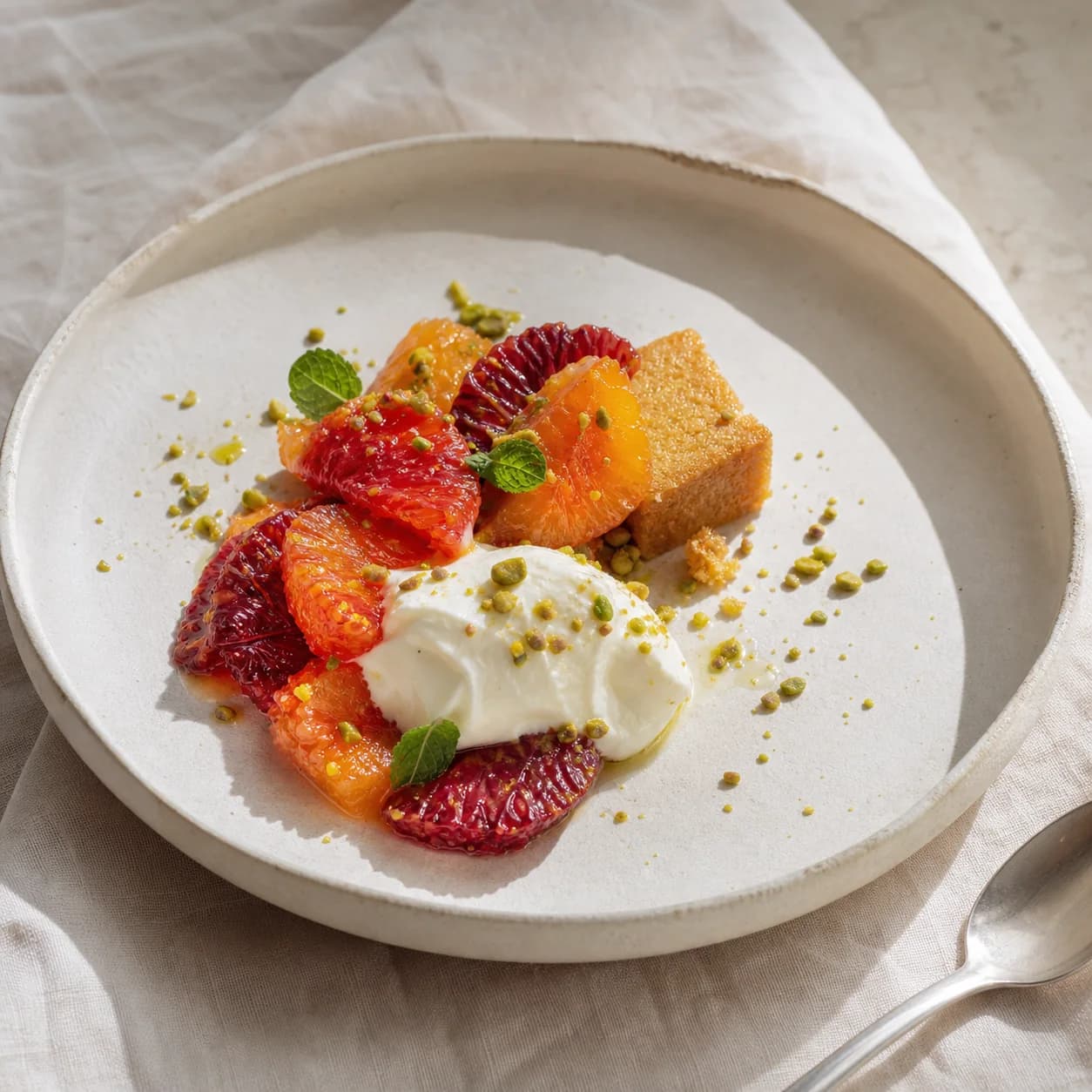 Seasonal citrus dessert with cream and pistachio on a handmade ceramic plate